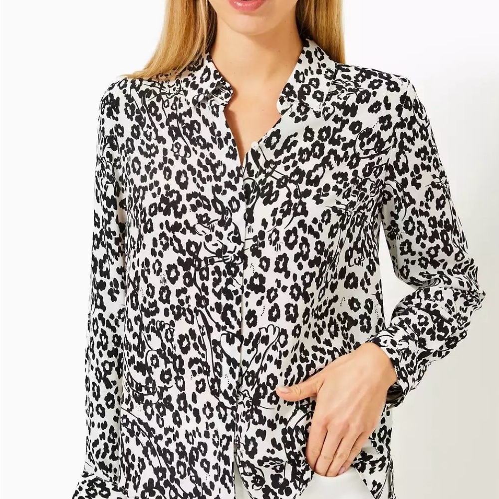 Lilly Pulitzer Black and White Kiran Silk Button-Down Top XL NWT